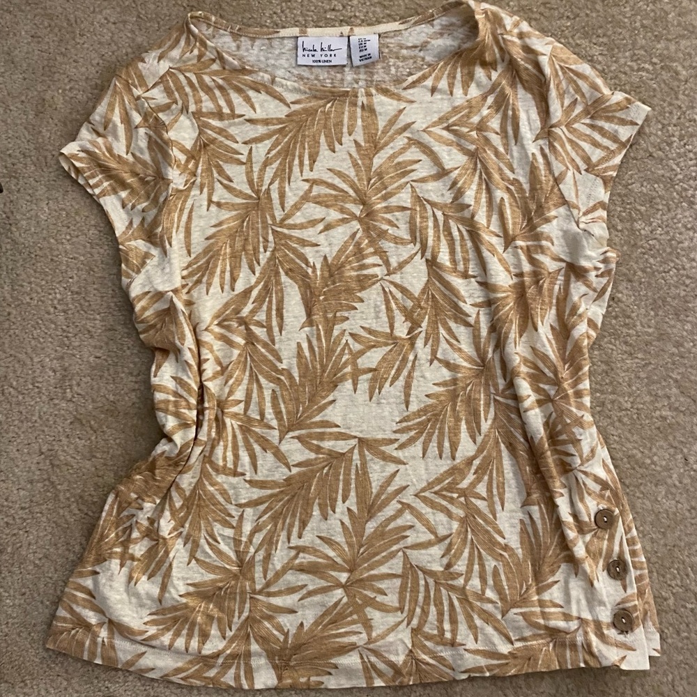 Nicole Miller 100% Linen Relaxed Fit Palm Leaf Print Resortwear Top Size Medium